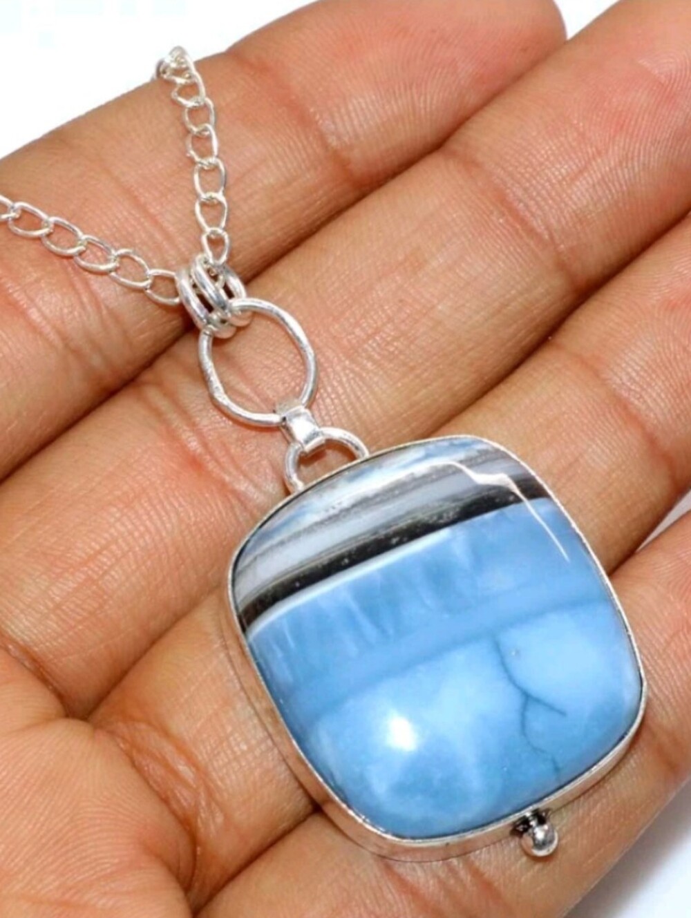 Owyhee Blue Opal Gemstone Jewelry 925 Sterling Silver Handmade Necklace - Picture 2 of 3